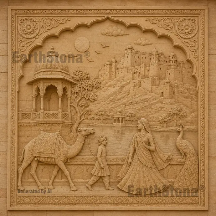 Luxury sandstone stone wall highlighter design creating an elegant selfie point in a modern villa by EarthStona